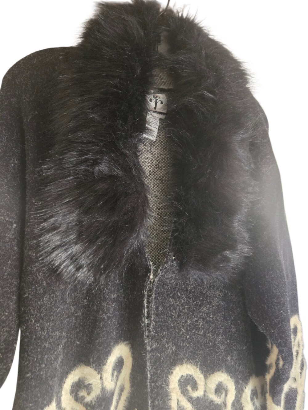 Rain + Rose, Women's Black Faux Fur Collar Coat with Cream Scroll Detail